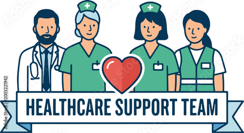 Healthcare support team banner doctors nurses flat vector illustration