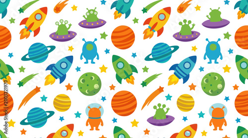 Cute Space Pattern with Rockets, Aliens, and Planets - Vector Art