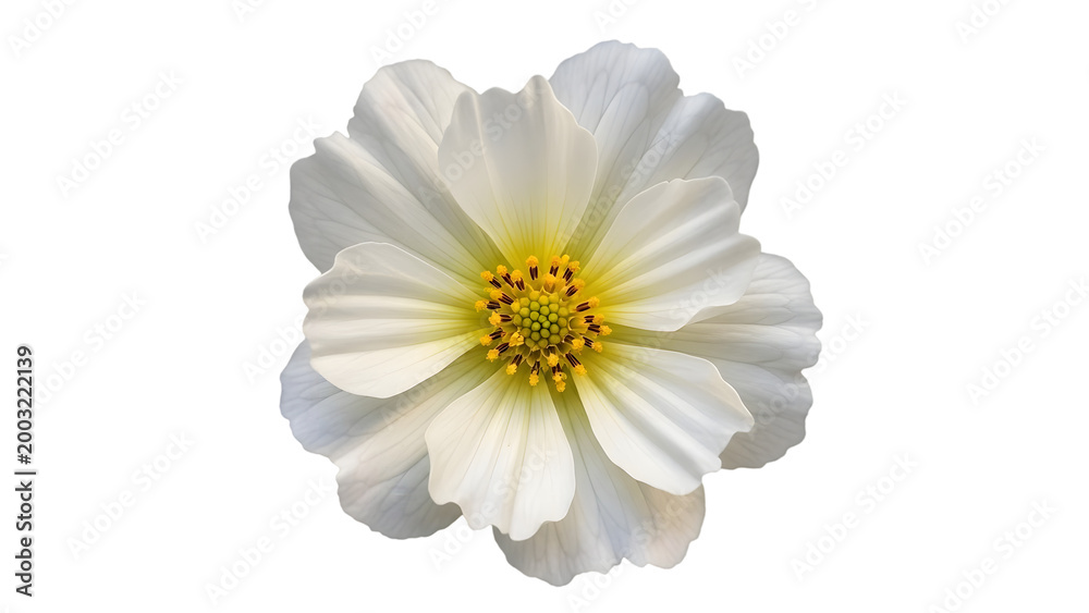 Obraz premium White cosmos flower isolated on transparent background delicate petals and golden center