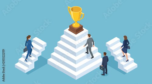 An inspiring illustration depicting business professionals ascending stairs to reach a trophy, symbolizing success and ambition in the corporate world.