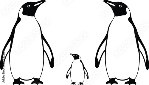 Black and white vector illustration of a penguin family featuring two adult emperor penguins and one small chick isolated on a clean white background.