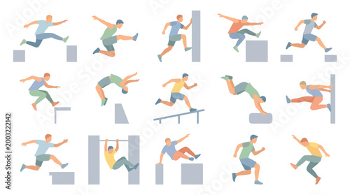 Flat Illustration of Parkour Athletes Jumping Obstacles
