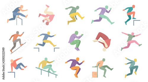 Geometric Flat Design Parkour and Urban Sports Icons - Dynamic Active Lifestyle People Set