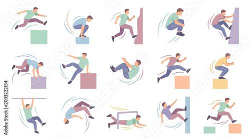 Parkour and Free Running Men Flat Design Vector Illustration Set Overcoming Obstacles