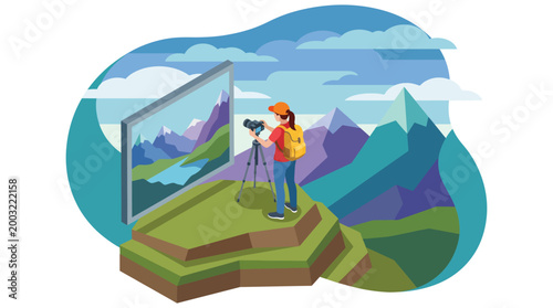 An inspiring image of a photographer using a camera on a tripod to capture breathtaking mountain scenery, illustrating a love for nature and the art of photography.