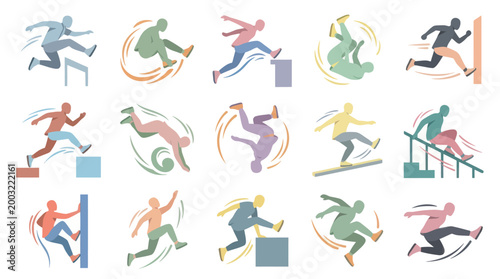 Flat Design Parkour and Free Running Athletes Movement Vector Icons Set