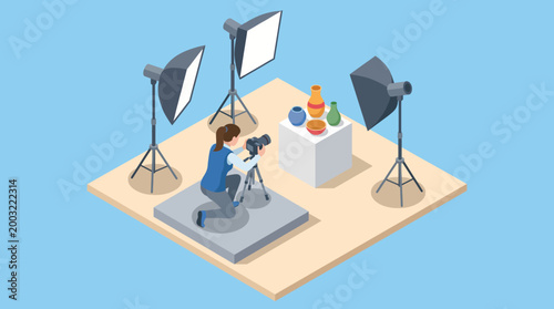 A photographer capturing a still life composition in a studio, highlighting the importance of lighting and setup in achieving stunning visual narratives through photography.