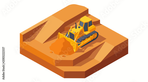 A vivid illustration of a bulldozer actively moving dirt while shaping a construction site, reflecting industrial work and machinery in action during earthmoving projects.