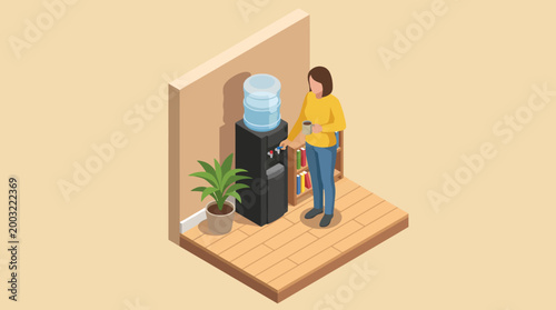 The image showcases a woman filling her glass at a water cooler, depicting the comfort of home office spaces and the importance of hydration during work.
