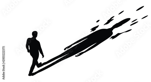 A black vector illustration of a person’s silhouette with a shadow that appears to be disintegrating into abstract shapes and particles