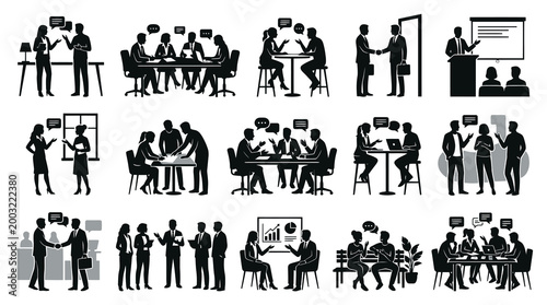 Business Meetings  Professional Communication Black  White Silhouette Icons