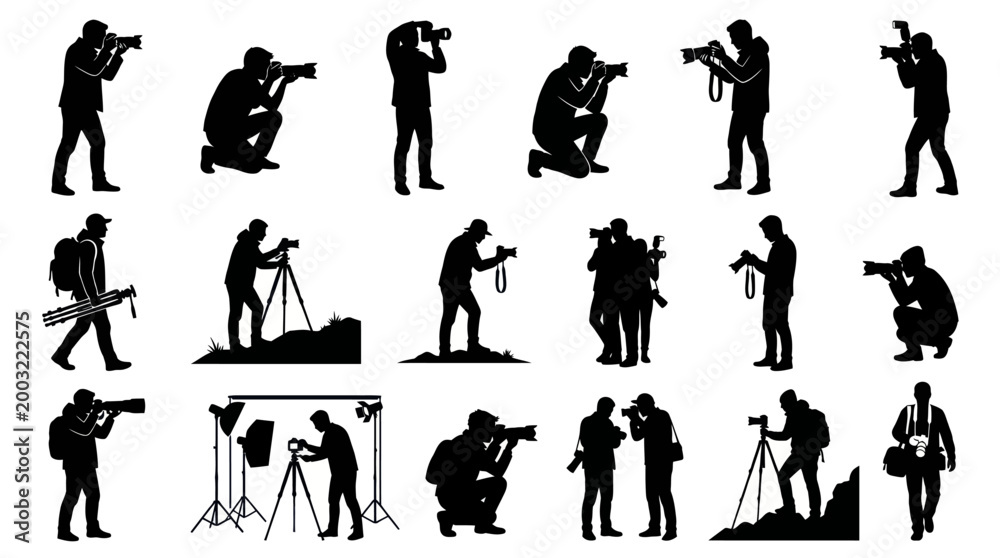 Fototapeta premium Photographer Silhouettes Set. Creative Professionals with Cameras and Photo Equipment Collection.
