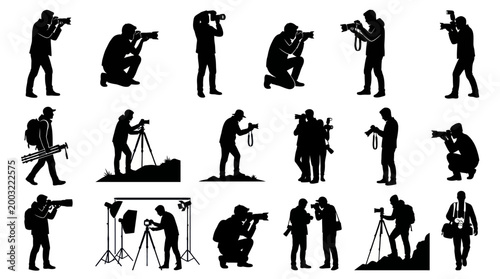 Photographer Silhouettes Set. Creative Professionals with Cameras and Photo Equipment Collection.