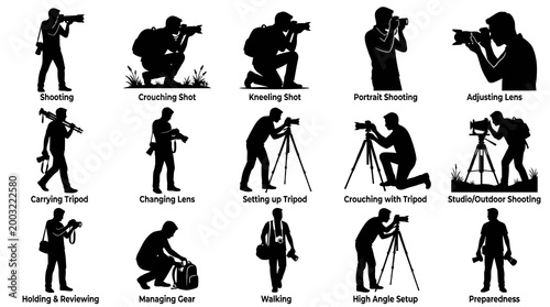 Black  White Silhouette Photographer Poses and Activities Vector Set