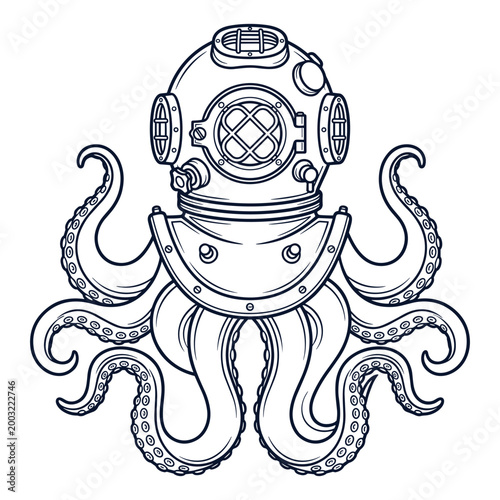 Vintage diving helmet with octopus tentacles in a clean black line style.