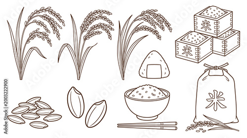 Set of japanese rice elements including bowl chopsticks and onigiri snack.