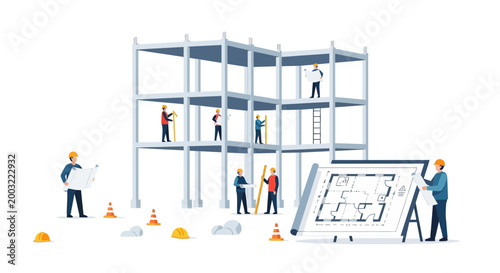 Construction site with builders working on building frame and blueprint