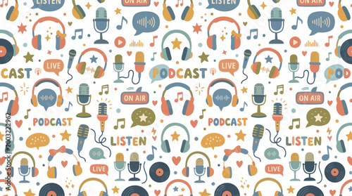 Doodle Podcasting and Audio Production Elements Seamless Vector Pattern Illustration