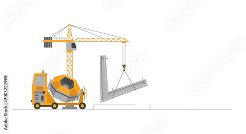 Construction crane lifting concrete element with cement mixer on site