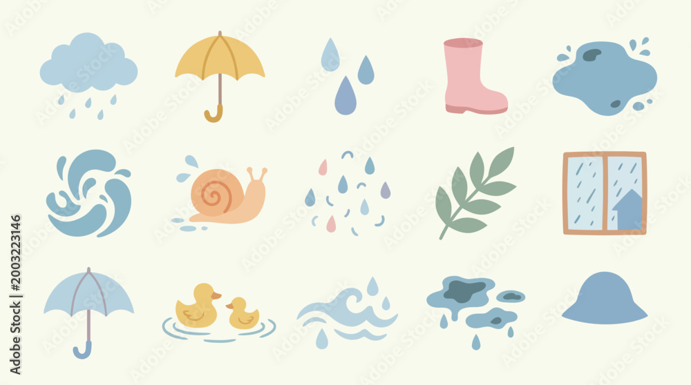 Obraz premium Cute Weather Rain Icons Set - Flat Vector Illustration of Wet Season Elements