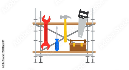 Bild auf Leinwand Construction Scaffolding with Tools and Toolbox