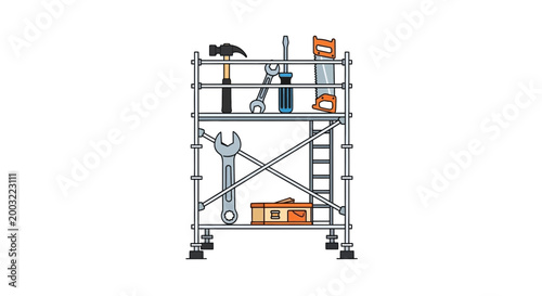 Construction Scaffolding with Tools and Toolbox
