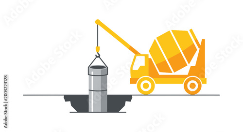 Obraz na plátně Construction Crane Lifting Concrete Pipe into Trench with Cement Mixer