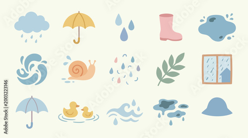 Cute Weather Rain Icons Set - Flat Vector Illustration of Wet Season Elements