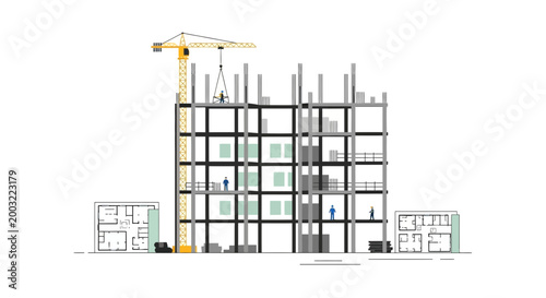 Construction Site: Building Skeleton with Crane and Blueprints
