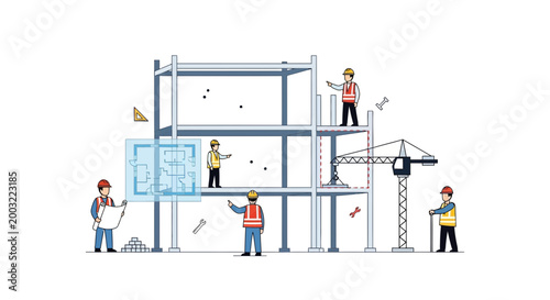 Construction Site Building Process with Workers and Crane