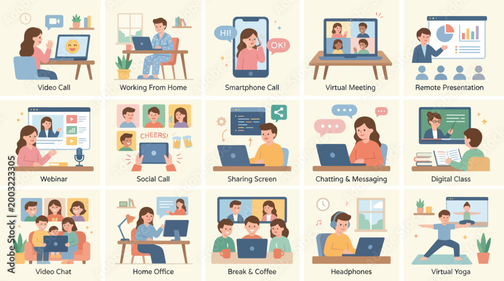 Obraz premium Flat Vector Illustrations of Remote Work, Online Communication, and Virtual Learning Activities