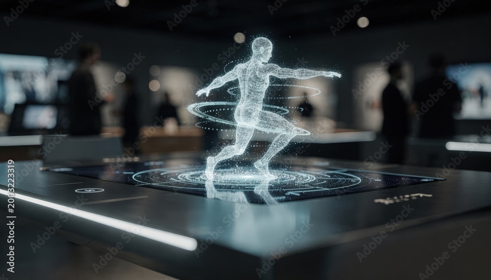 Fototapeta premium Detailed view of a dynamic volumetric video playback on a holographic media table with the peripheral showroom environment and patrons gently blurred.
