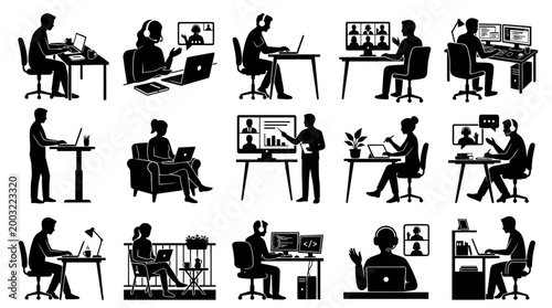 Technology Business Remote Work Glyph Icons Set - People Working Online with Laptops  Video Calls