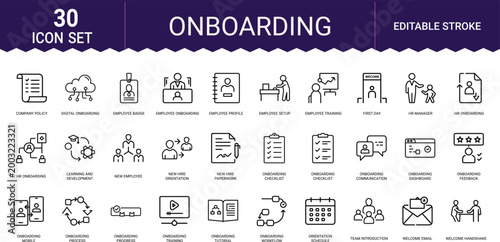 Onboarding icon set for employee orientation human resources and new hire process design.