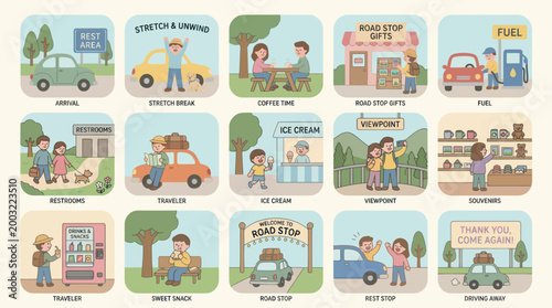 Flat Design Vector Icons of Road Trip Activities, Automotive, Travel  Leisure