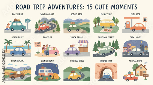 Flat Vector Illustration: Road Trip Adventures, Cute Car Moments, Travel Concept