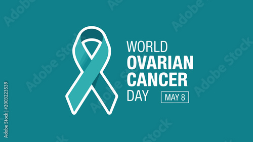 World Ovarian Cancer Day awareness ribbon and text on teal background