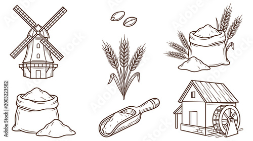 Tableau sur toile Set of vintage mills and bags of flour with wheat ears outline drawing
