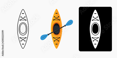 Kayak designs showcased in line drawing, colored, and silhouette versions