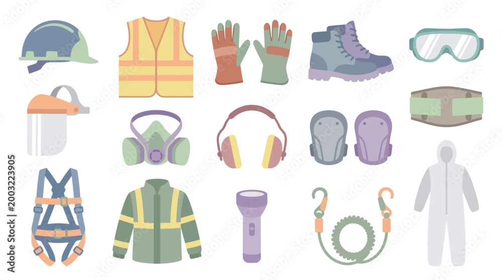 Fototapeta premium Flat Design Workplace Safety PPE Equipment Collection Vector Icons