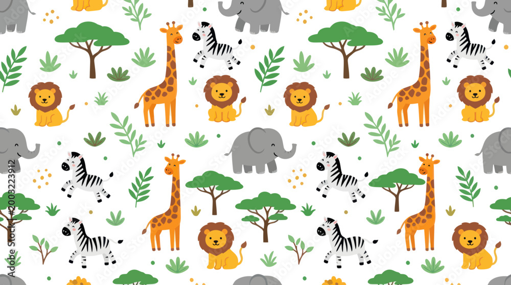 Fototapeta premium Cute African Safari Animals Pattern, Giraffe, Lion, Zebra, Elephant, Flat