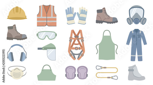 Flat Design Safety Equipment for Construction Industry Icon Set