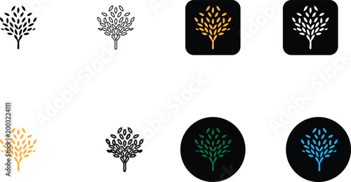 Minimalist geometric tree logo icon set with symmetrical leaf patterns for organic branding and environmental identity