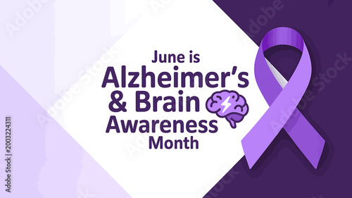 Alzheimers and Brain Awareness Month purple ribbon and brain symbol  health campaign