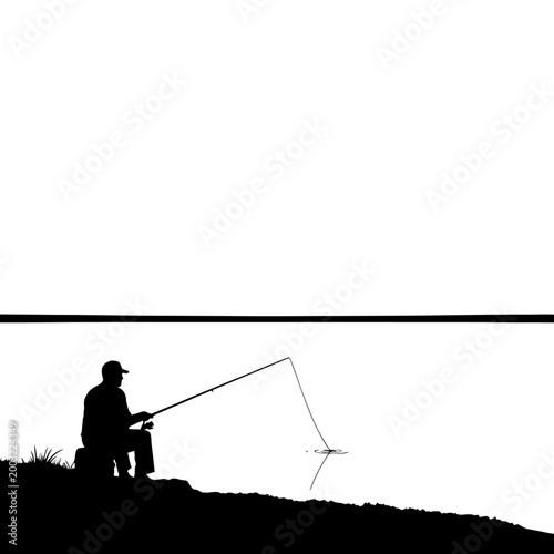 Man fishing on a peaceful lake shore.