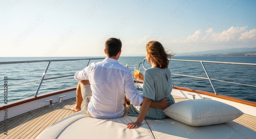 Obraz premium A couple enjoys a romantic sunset cruise on a luxurious yacht, surrounded by the serene beauty of the ocean and the breathtaking view of the coastline.