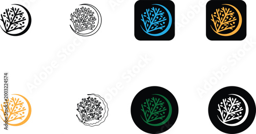 Minimalist tree and crescent moon logo icon set representing nature environment and spiritual growth branding