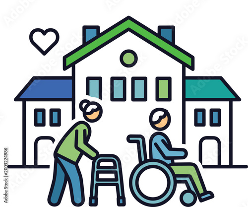 Nursing Home Care with Elderly People Using Walker and Wheelchair for Senior Health and Support Services Design