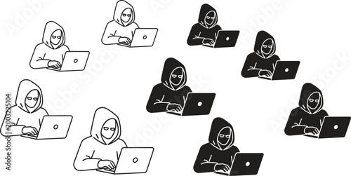 Set of Hacker Illustrations in Hoodies Using Laptops for Cybersecurity and Digital Crime Concepts, Black and White Design