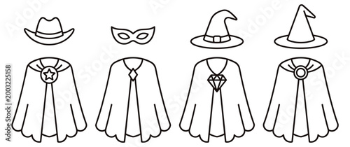 Costume elements for superheroes or wizards with capes and hats.